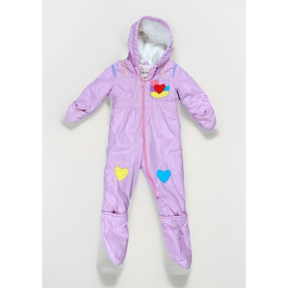 Vintage 90s Pacific Trail Pink Retro Appliqué Hooded Snowsuit Toddler Girl 18m - Picture 1 of 7